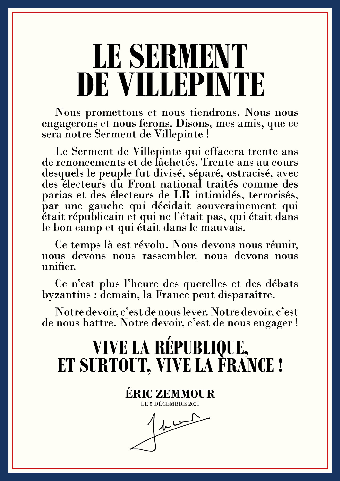 Le Serment de Villepinte prononcé par Éric Zemmour le 5 décembre 2021